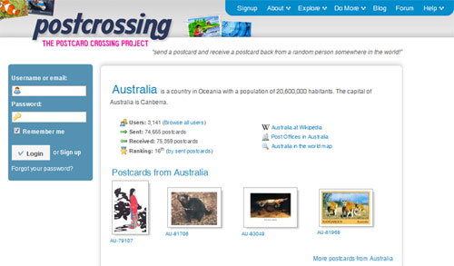 Homepage von Postcrossing