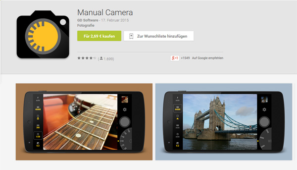 Screenshot: Manual Camera im Google Play Store 