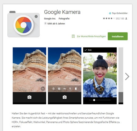 Screenshot: Google Kamera im Google Play Store