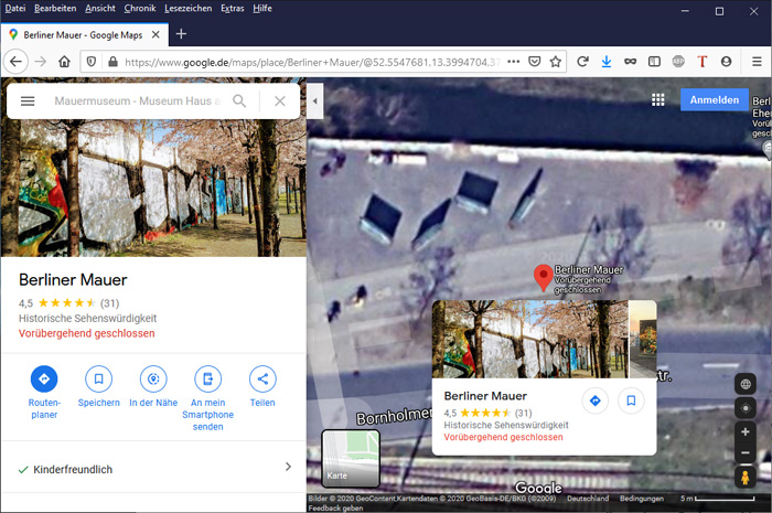 Berliner Mauer vorübergehend geschlossen | Screenshot von Google Maps